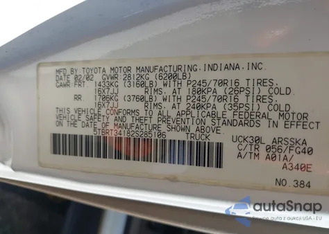 2002 Toyota Tundra Sr5 V8 from USA, damaged, VIN 5TBRT34182S285106